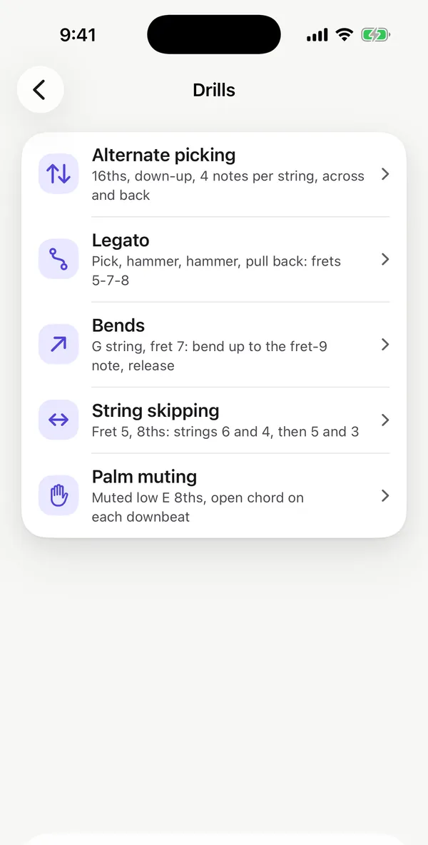 The Drills list: Alternate picking, Legato, Bends, String skipping and Palm muting.