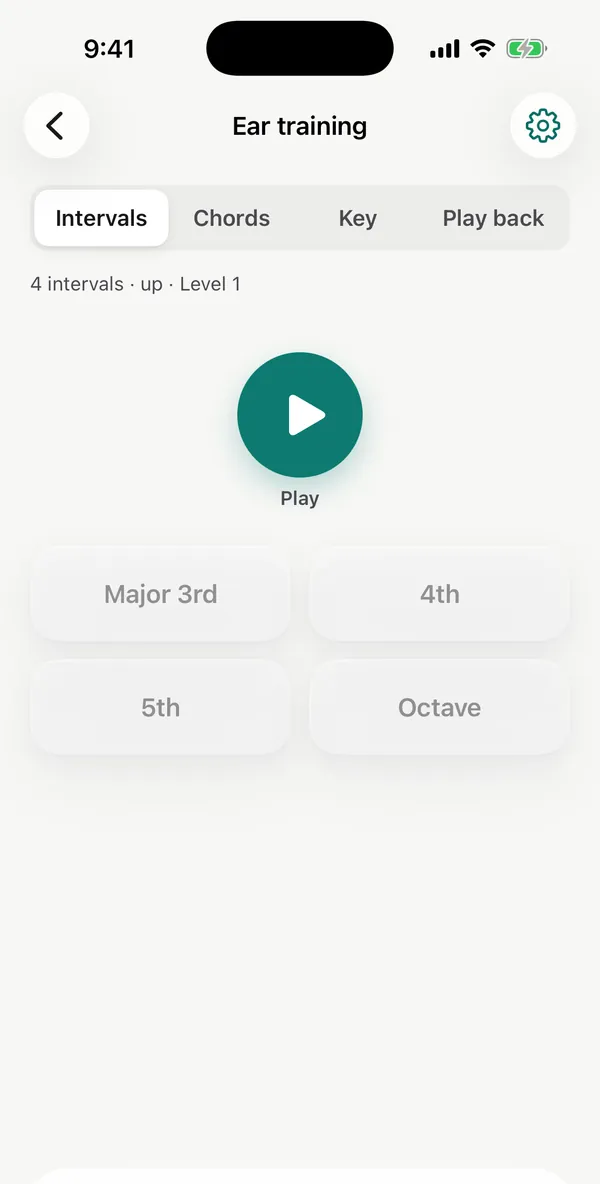 Ear training on Intervals: a Play button and answers Major 3rd, 4th, 5th and Octave.