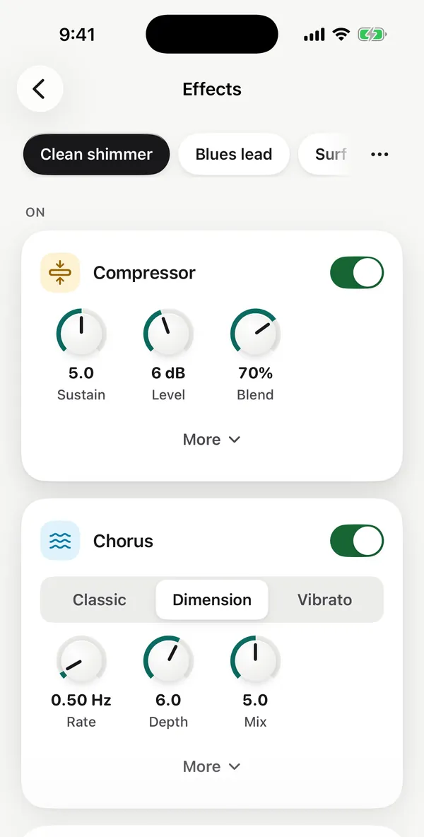 The Effects screen with presets on top and Compressor and Chorus switched on, each with its own knobs.