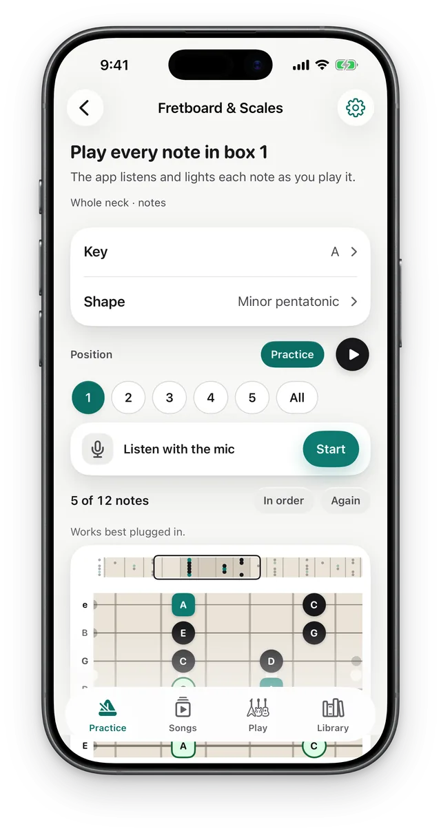 The Fretboard in A minor pentatonic, position 1, with notes on the neck and Listen with the mic.