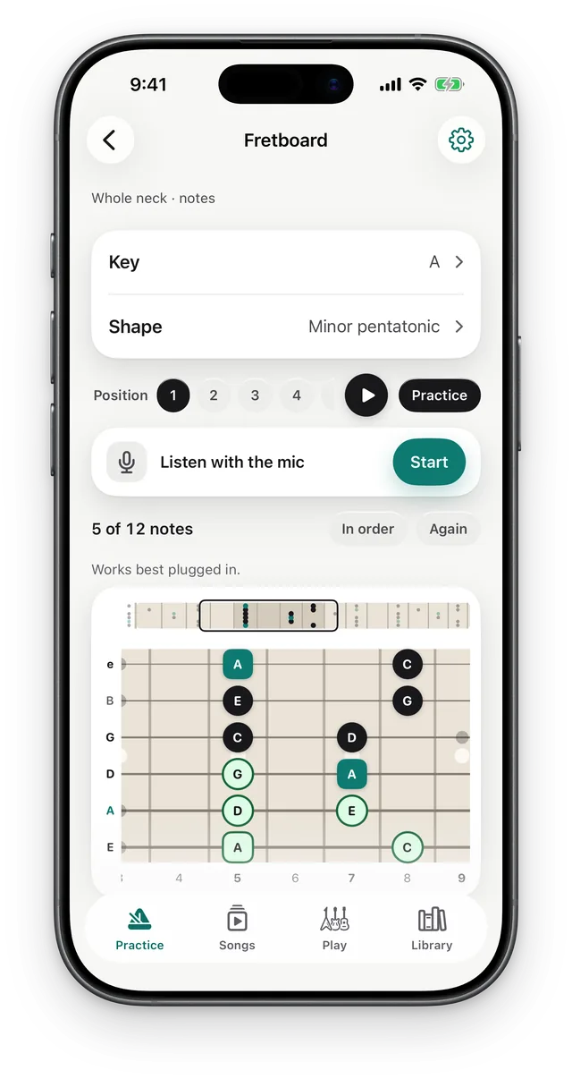 The Fretboard in A minor pentatonic, position 1, with notes on the neck and Listen with the mic.
