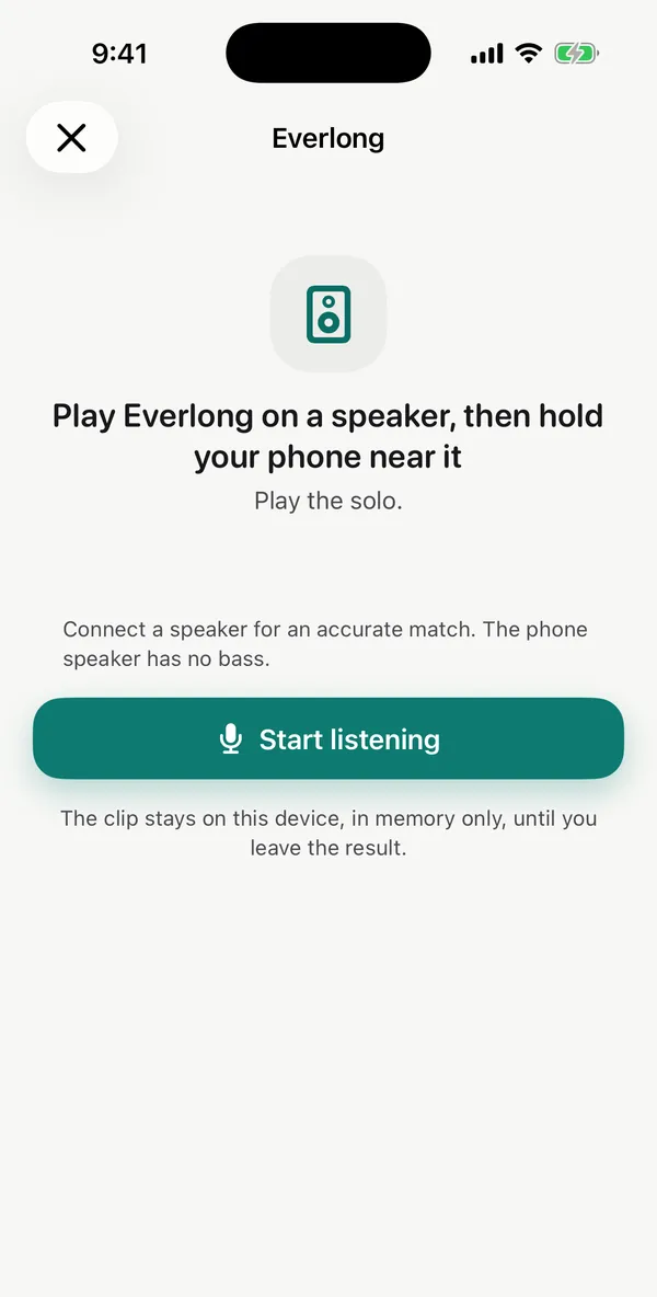 The listen screen: play the song on a speaker and hold the phone near it, with a Start listening button.