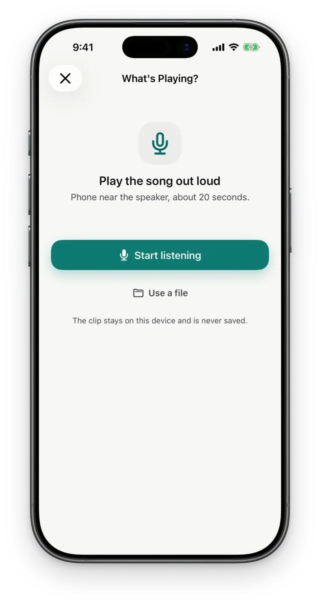 The What's Playing? screen: play the song out loud with the phone near the speaker, a Start listening button and a Use a file link.