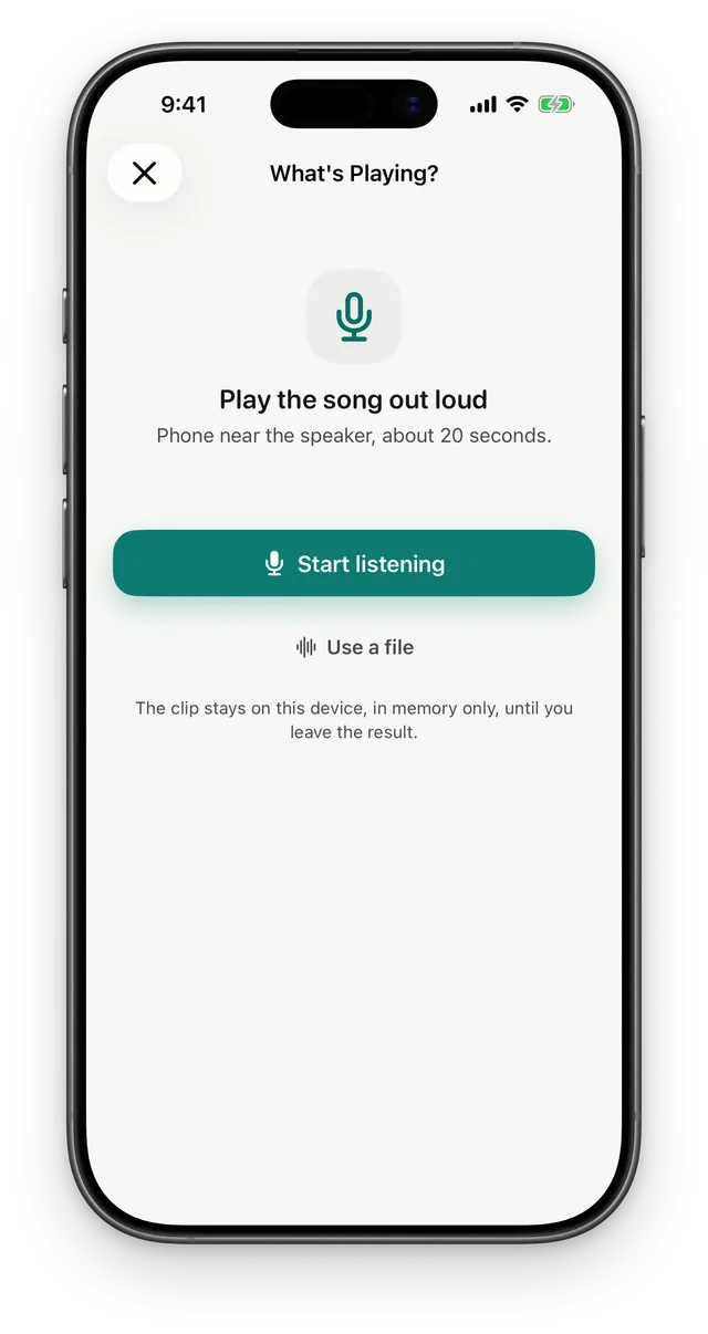 The What's Playing? screen: play the song out loud with the phone near the speaker, a Start listening button and a Use a file link.
