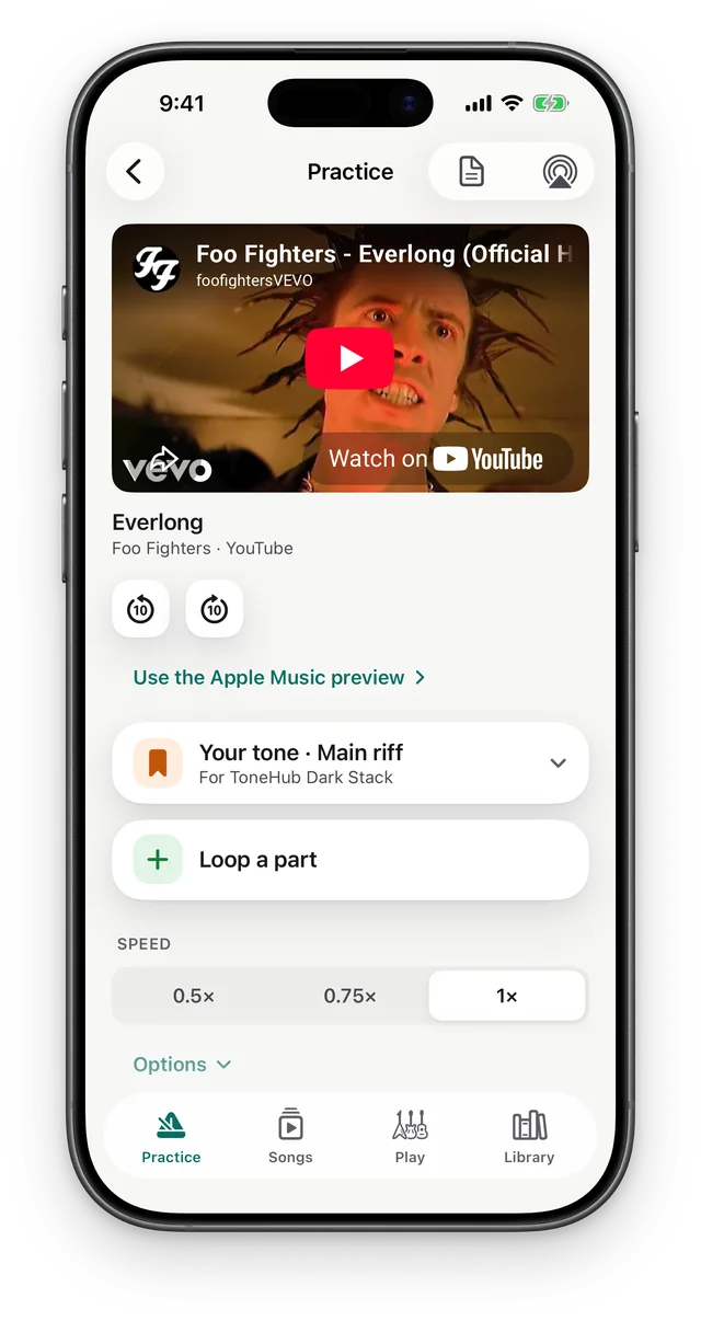 Practice mode with the song's YouTube video, your saved tone, Loop a part, and speed buttons for 0.5×, 0.75× and 1×.