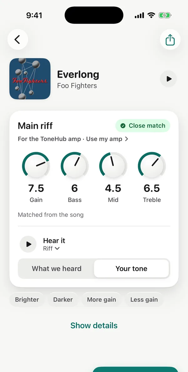 A match result with Gain, Bass, Mid and Treble settings and a Close match badge.