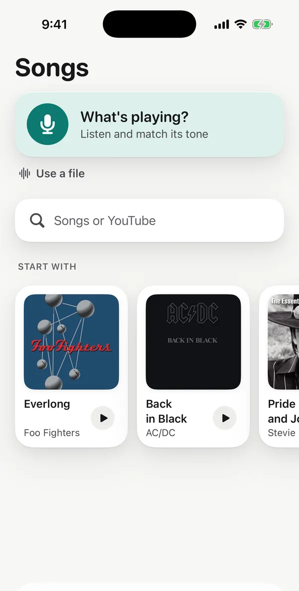 The Songs screen in ToneHub: a What's playing? card to listen and match a tone, a search field for songs or YouTube, and songs to start with.