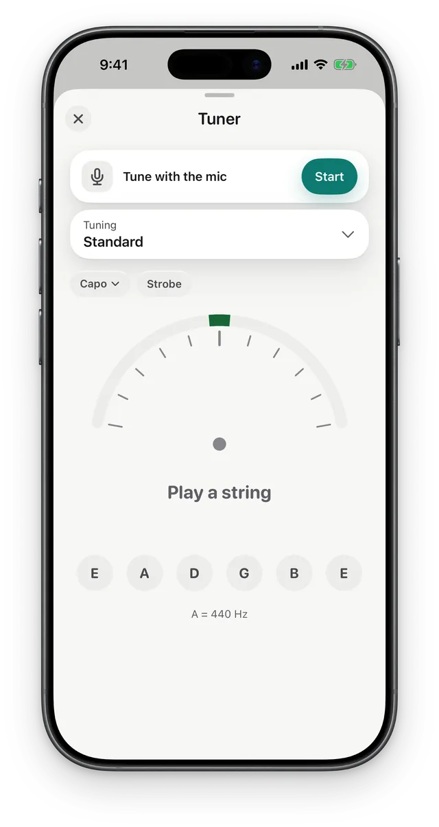 The tuner in standard tuning, with Capo and Strobe options, a needle gauge and the six strings.